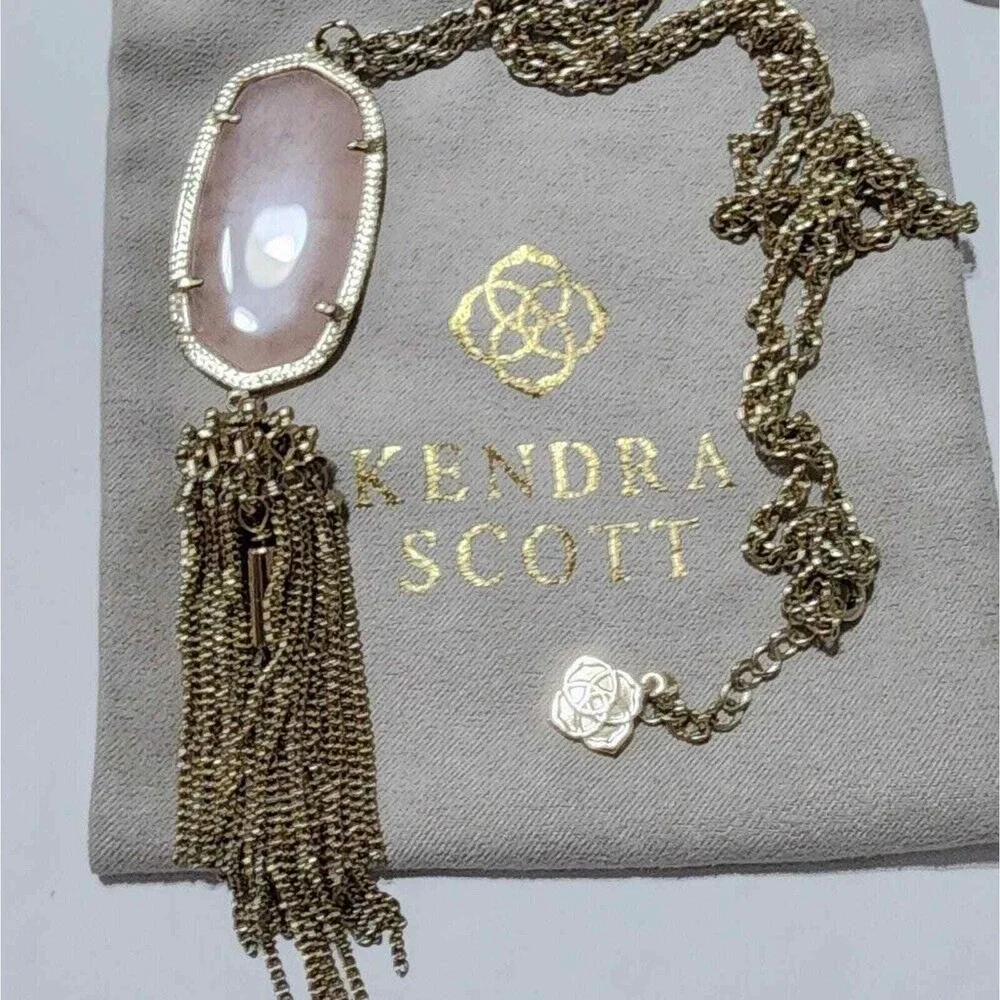 Kendra Scott Rayne Long Tassel Necklace Gold‎ Rose Quartz Pink Stone Statement